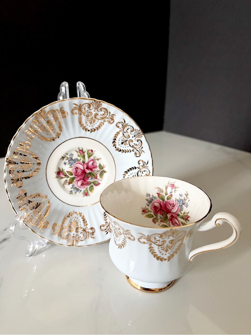 Pale Blue & Gold Rose Cup & Saucer by Paragon